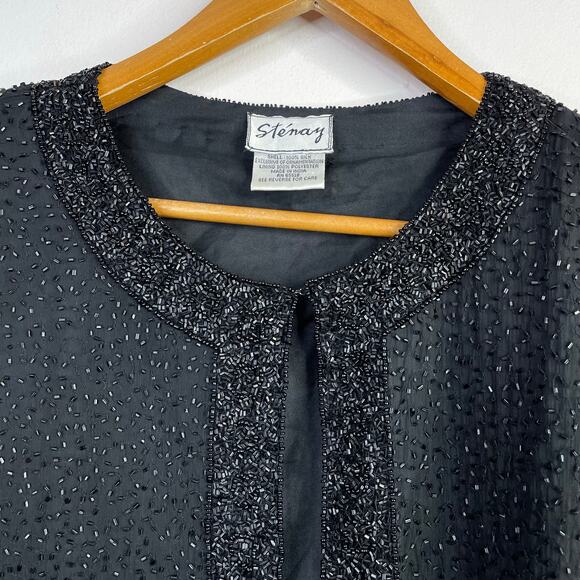 Vintage 90s Stenay Black Silk Glam Party Beaded Long Sleeve Jacket Womens M L - Picture 3 of 9